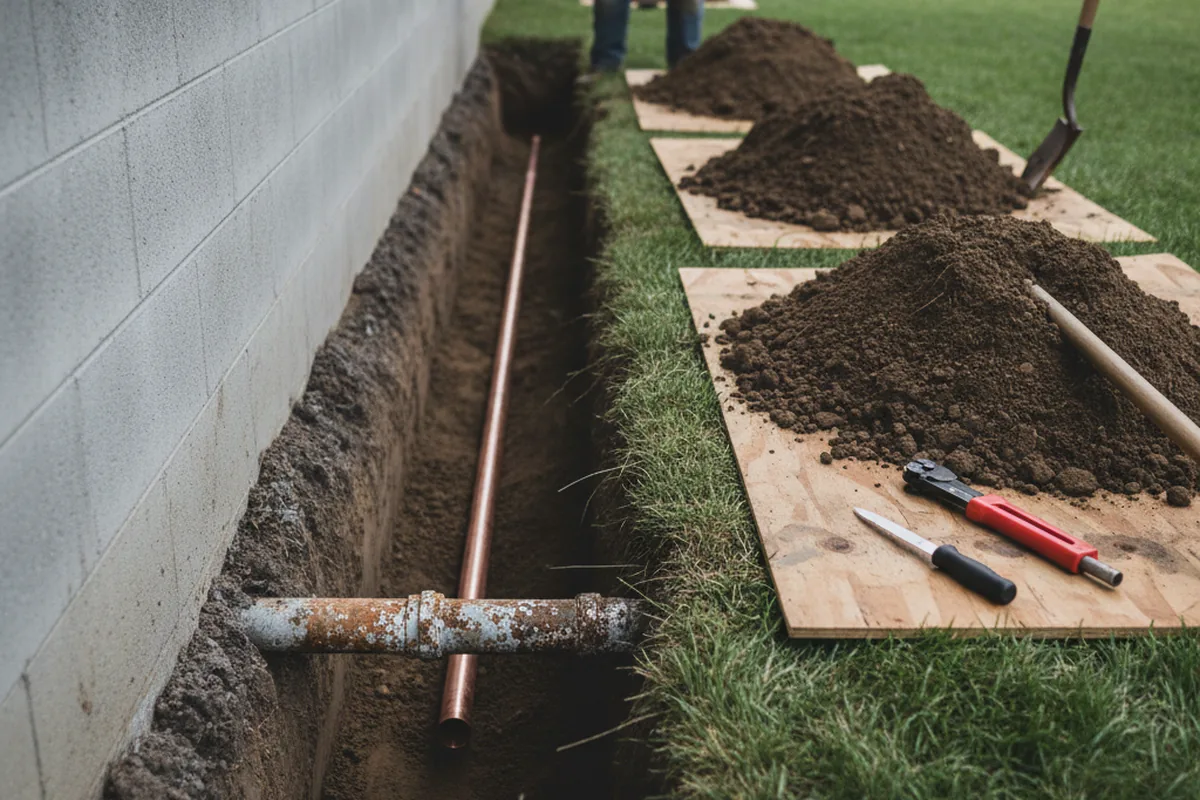 Excavated water line trench during Sewer Line Repair in Minooka